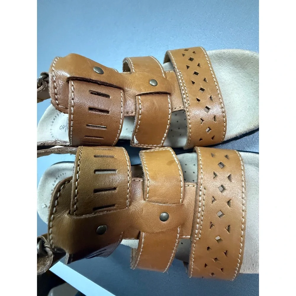 Clarks Collection Tan Brown Leather Strappy Wedge Sandals Laser Cut 26146492 6M